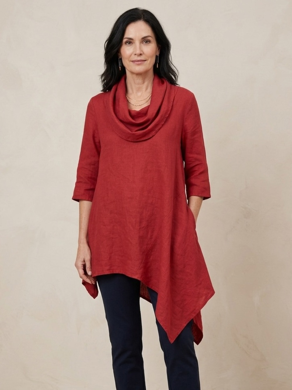 Bryn Walker Sz S Red Lagenlook Asymmetrical Hem Linen Tunic Cove Up Top